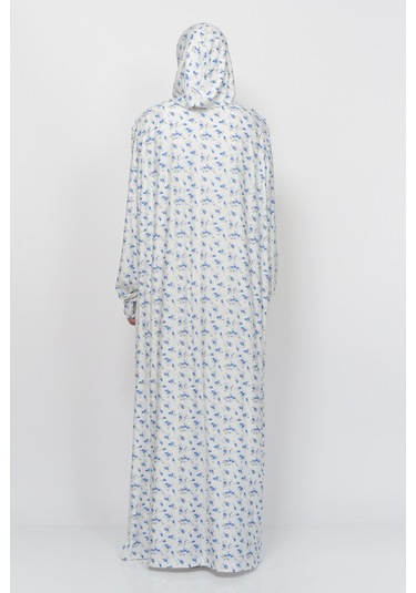 Pratik Tek Parça Çiçek Desenli Kollu Tak Çıkar Başörtülü Likralı Tesettür Namaz Elbisesi 990-0201 Mavi Antrasit