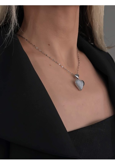 Eva Takı Store Bombeli Kalp Zirkon Taşlı Silver Renk Kolye Silver