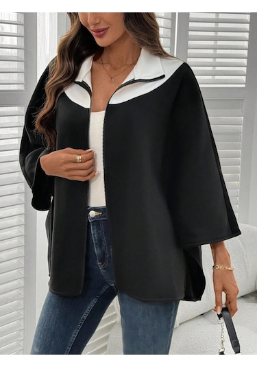 Kadın Panço Fermuarlı Sweat Oversize Kesim, 3 İplik Şardonlu Kumaş Siyah