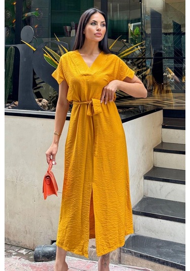 Hardal V Yaka, Kısa Kol, Airobin Kumaş, Omuz Detaylı, Kemerli/kuşaklı, Önden Yırtmaçlı Maxi Elbise Hardal