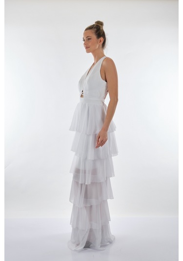 Dori V Yakalı Kat Kat Şifon Abiye Elbise 221kb3039 Beyaz