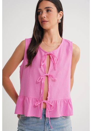 4717 Kadın Önü Bağcıklı Fırfırlı Kolsuz Keten Bluz Pembe Pembe