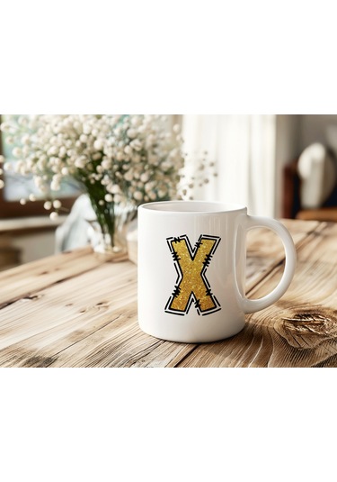 X Harfi Gold Simli Kupa Işıltılı Alfabe Harf Tasarımlı Kahve Kupası - Kişiye Özel Hediye Beyaz