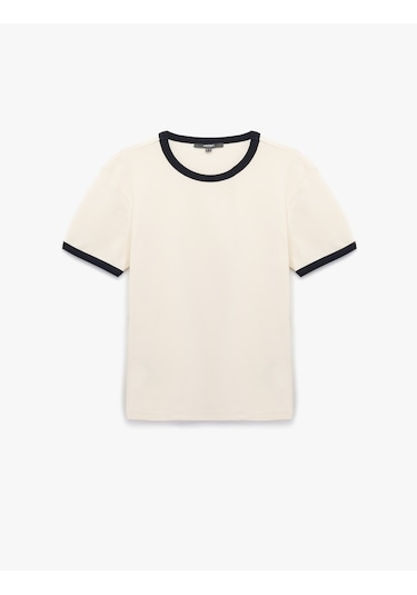 Koton Kısa Kollu Bisiklet Yaka Tok Kumaş Renk Kontrastlı Pamuklu Slim Fit Tişört Ekru 6wam10098hk Ekru