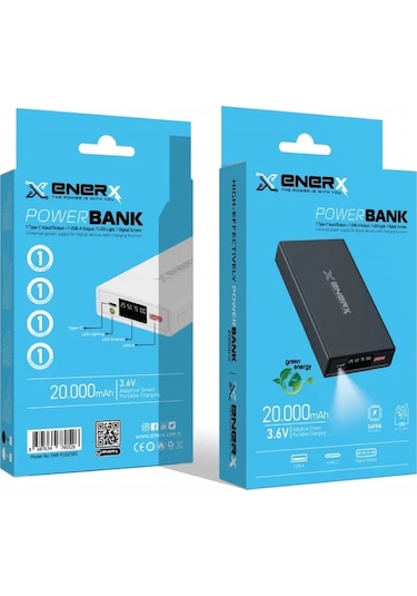 Enerx Enr-p2025dc Powerbank 20.000 Mah Dijital Ekranlı Fenerli Usb+type-c 2.1a Beyaz Siyah