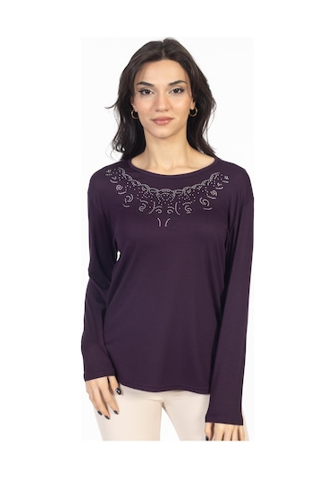 Yeni Model Taş İşlemeli Yuvarlak Yaka Likralı Anne Penye Bluz 6420-mürdüm