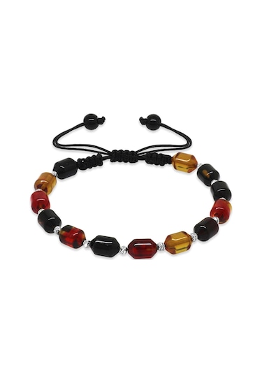 Tesbihane Makrome Örgülü Beyaz Dorika Top Süslemeli Bala-siyah Ateş Kehribar Erkek Bileklik Çok Renkli