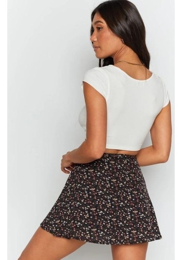 Fastbuy Mavi Çiçekli Fermuarlı Şifon Etek - Kısa Halterli Kadın Etek Mavi