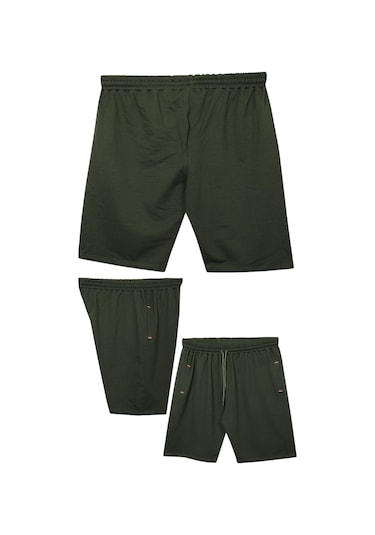 Büyük Beden 110 - 155 Kilo Arası İçin Uygun Bedenli Cepleri Nakış Detaylı Likralı Penye Erkek Şortu Haki