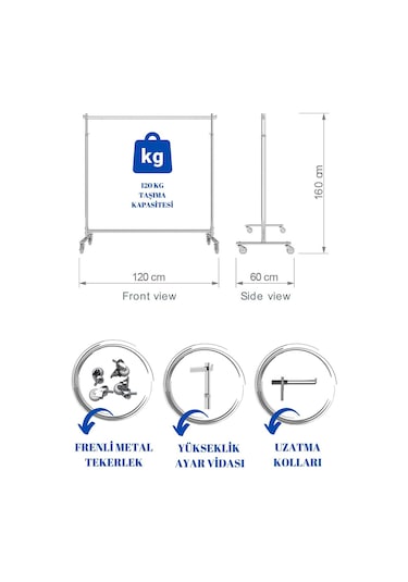 Lüks Ev Tipi Yükseklik Ayarlanabilir Tekerlekli Metal Askılık Metal