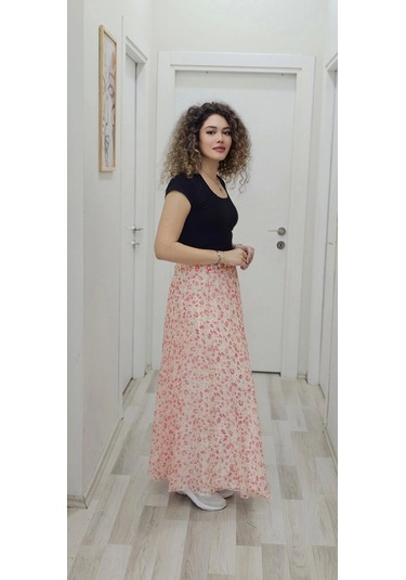 Bel Lastikli Kloş Şifon Etek 6003-beyaz/turuncu Beyaz/turuncu Beyaz - Turuncu