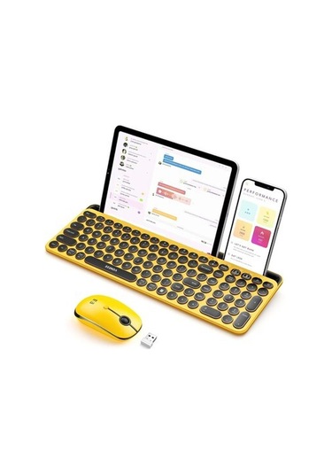 Seenda Yuvarlak Tuşlu Sevimli Kablosuz Klavye Ve Mouse, Bluetooth 2.4g - Sarı/siyah