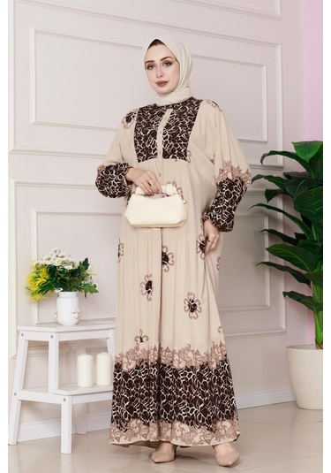 Leopar Desenli Robalı Viscon Elbise-bej-4801 Bej