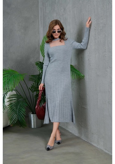 Kadın Bisiklet Yaka Tül Detay Maksi Boy Fitilli Triko Elbise Gri