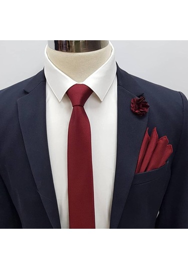 Brianze Bordo Kravat Mendil Yaka Çiçeği Set KMD-4 Bordo