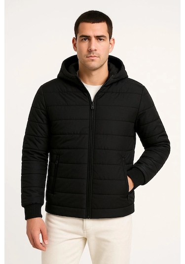 Ertaştrendstore Erkek Şişme Kapüşonlu Fermuarlı Mont Su İtici Kapitone Cepli Ceket - Siyah Çoklu Renk