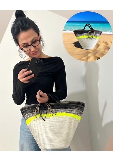 Hasır Çanta, Plaj Çantası, Tasarım Çanta, Siyah Neon Şeritli El Çantası Ekru