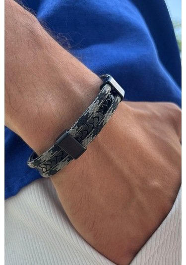 El İşçiliği İle Üretilmiş Hakiki Deri Erkek Bileklik Gri