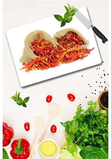 Kurutulmuş Biber Desenli Cam Kesme Tahtası 30 Cm X 40 Cm