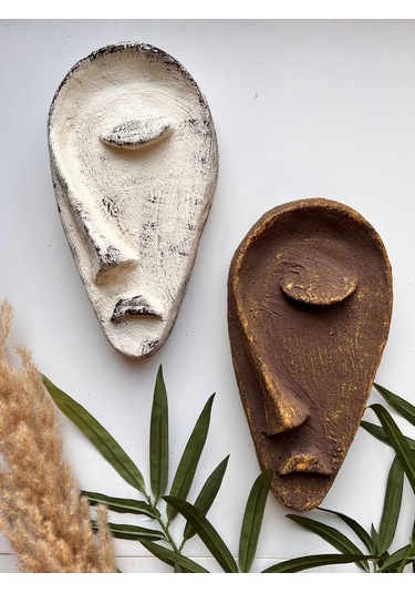 Özel Tasarım El Yapımı Heykel Soyut Yarım Yüz Maske 2'li Set, Duvar Dekor, Modern Ev Ve Ofis Dekoru