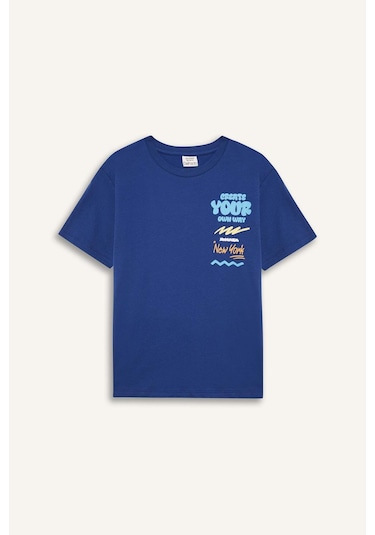 Defacto Erkek Çocuk Bisiklet Yaka Baskılı Kısa Kollu Tişört F0179a825smın176 İndigo