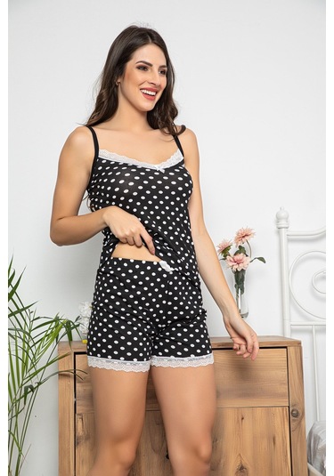 Kadın Siyah Renkli Puantiyeli Dantel Detaylı Şortlu Ve Taytlı Pijama Takımı 3'lü Set 75004 Siyah