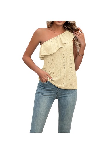 Sarı Yaz Kadın Askı Fırfır Geniş Askılı Düz Renk Tank Tops Straplez Basit Peplum Slash Tops