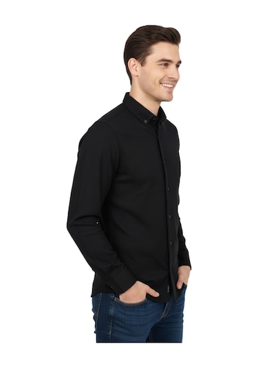 Rasstmen Erkek Spor Slim Fit Uzun Kol Petek Dokulu Gömlek Bgl-st04823 Siyah