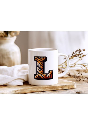 L Harfi Kaplan Figürlü Nakış Desenli Kupa Bardak - Kişiye Özel Vahşi Hayvan Desenli Kupa - Hediye Beyaz
