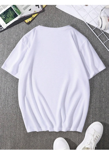 Üçgen Dağ T-shirt - Beyaz Baskılı Oversize Bisiklet Yaka Kısa Kol Tişört Beyaz