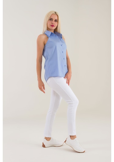 Bold & Young Kadın Mavi Kolsuz Omuz Açık Likralı Poplin Gömlek 9208 Mavi