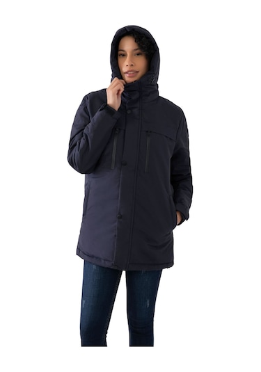 Kadın Lacivert Içi Polarlı Su Ve Rüzgar Geçirmez Kapüşonlu Kışlık Mont Kaban Parka Lacivert