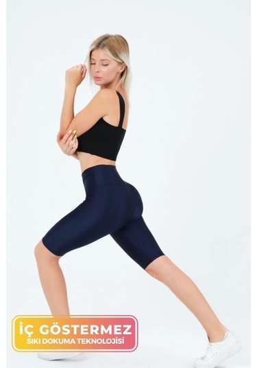 Enenstyle Fashıon Boutıque Yeni Sezon Özel Üretim Toparlayıcı Yüksek Bel Parlak Kumaş Iç Göstermeyen Dizüstü Spor Tayt Saks Mavi