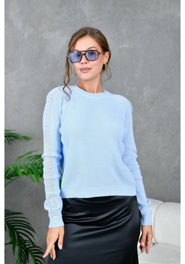 Kadın Bisiklet Yaka Kolları Ajurlu Basic Triko Kazak Bebe Mavi