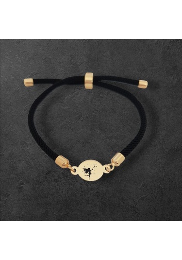 İpek Örgülüli 14 Ayar Altın Plakalı Oval Motifli Peri Sembollü Hediye Bileklik-320sembol-siyah Altın