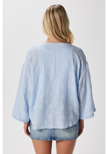 Ritnice Kadin Flora Müslin Kabartma Dokulu Mavi Kimono Mavi