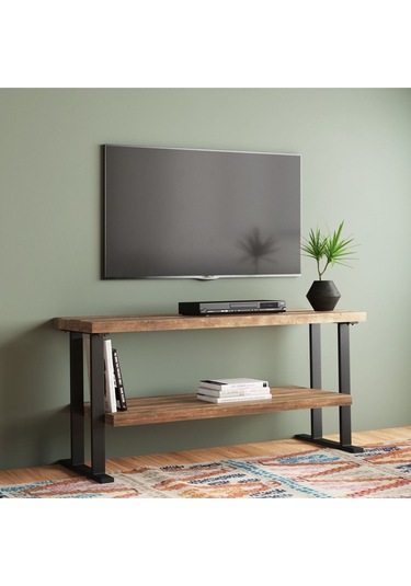 Vie Metal Ayaklı Doğal Ahşap Masif Panel Tv Ünitesi Siyah