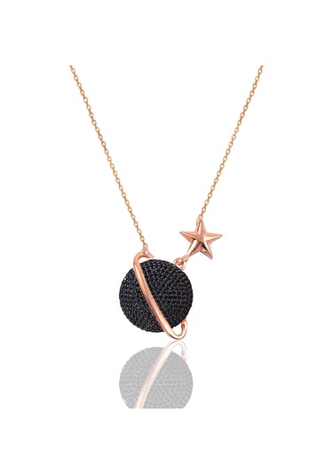 Gümüş Rose Siyah Onix Taşlı Satürn Gezegen Kolye Barcode Gümüş - Rose Gold