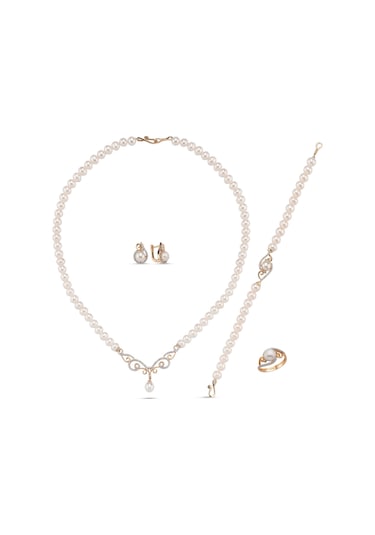 Taşlı Doğal İnci Kolye Bileklik Yüzük Küpe Dörtlü Set - 13