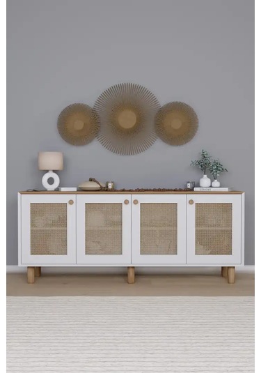 Bohem Serisi Natura Pvc Hasır Desen Mat Beyaz - Açık Ceviz Konsol Açık Ceviz & Beyaz
