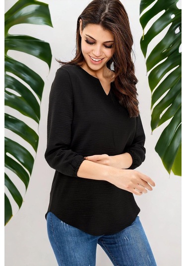 Kadın Siyah Yakası Yırtmaçlı Airobin Bluz Truvakar Kol Kaliteli Dokulu Kumaş Standart Boy Siyah