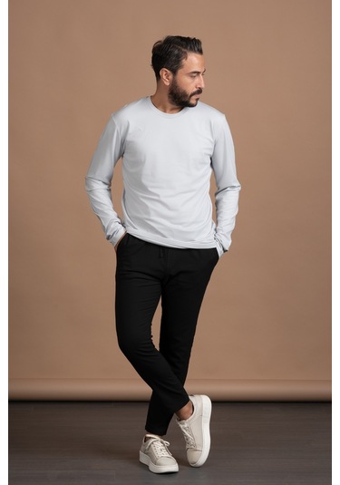 Regular Fit Bisiklet Yaka Rayon Kumaş Full Likralı Uzun Kol Sweatshirt Gri