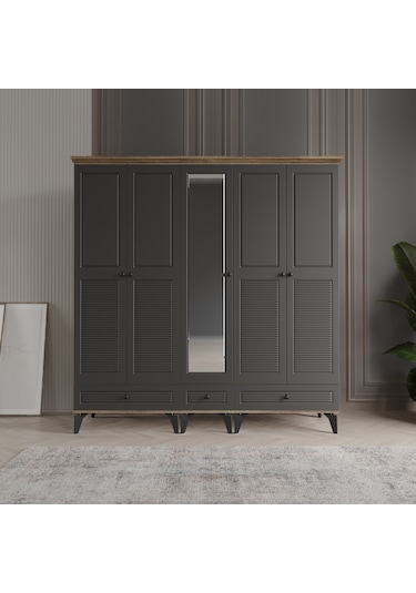 Beenal Nisa 5 Kapaklı Gardırop Dolap 200cm Atlantik Çam - Antrasi