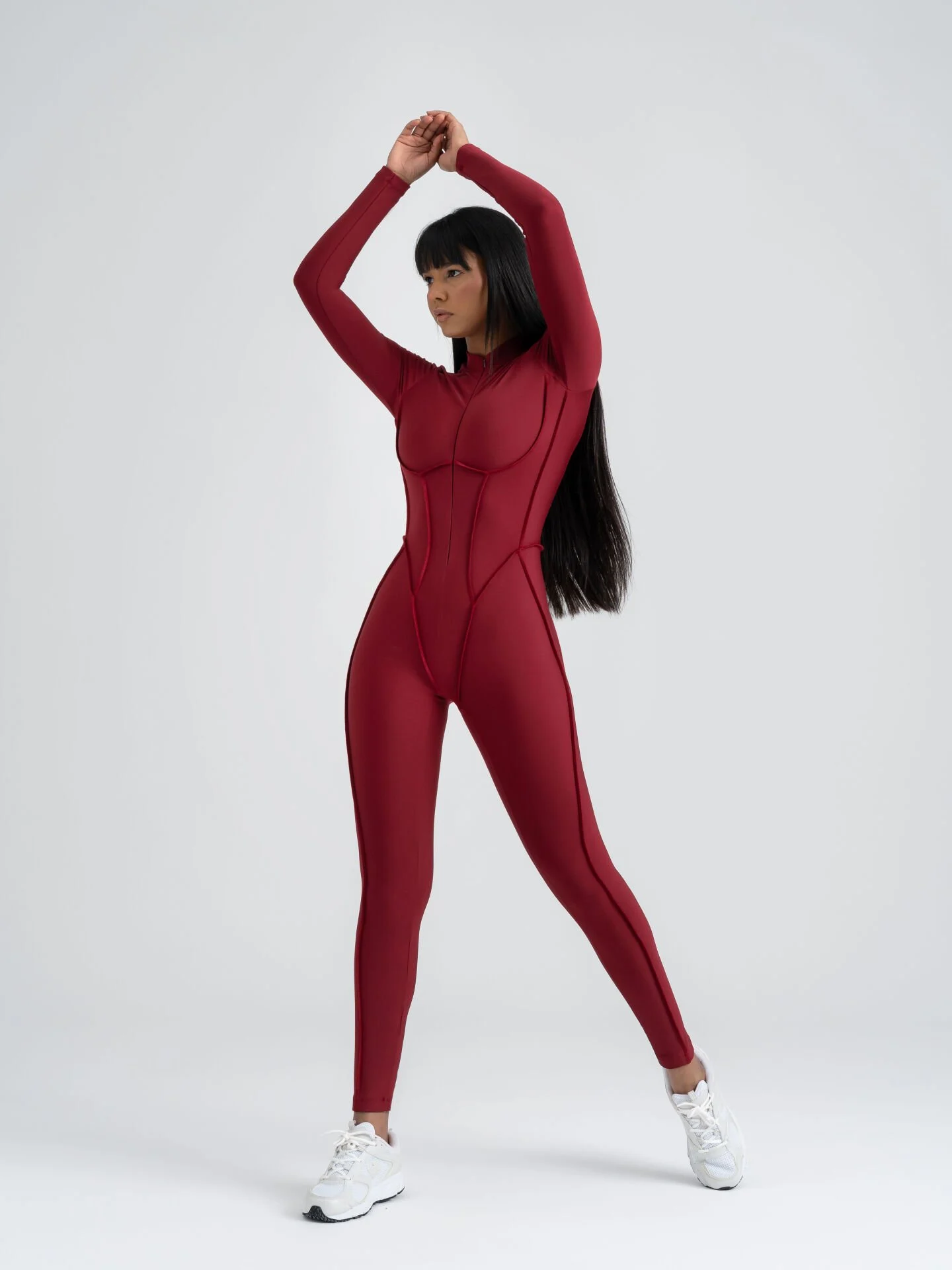 Dikişle Modellenmiş Spor Tayt Tulum Bordo