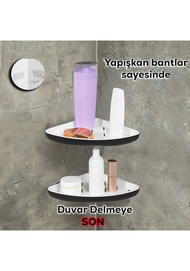 Porsima 0447 2'li İstiridye Banyo Köşe Rafı Yapışkanlı Raf Siyah