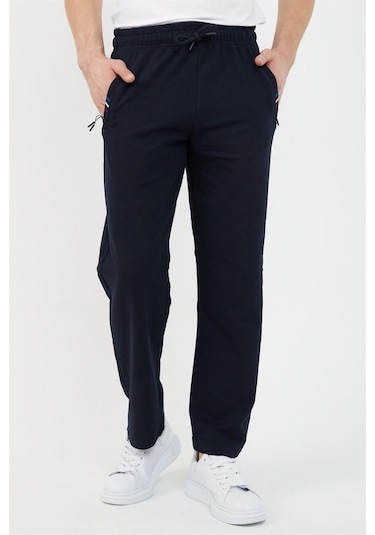 Erkek Fermuar Cep Nakış Detaylı Düz Paça Rahat Kesim Lacivert Eşofman Altı