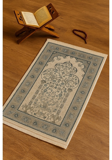 İpek Halı Kalitesinde Seccade 80x125 Cm Yumuşak Viscon İplik, Hediyelik Ve Çeyizlik Namazlık Turkuaz & Krem