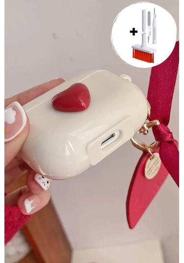 Apple Airpods 3. Nesil İle Uyumlu Kılıf Kalp Leopar Taş Kiraz Desenli Fiyok Tutmalı Kılıflar Kırmızı