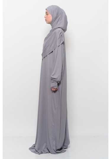 Pratik Tek Parça Pamuklu Yarasa Kollu Tak Çıkar Başörtülü Tesettür Namaz Elbisesi Gri Çok Renkli