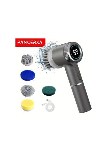 Xuweiwei Gri Pancerka Elektrikli Doner Firca 5 Degistirilebilir Firca Basligi Type-c Sarj Edilebilir 3 Hiz Ayarli Banyo Mutfak Temizligi